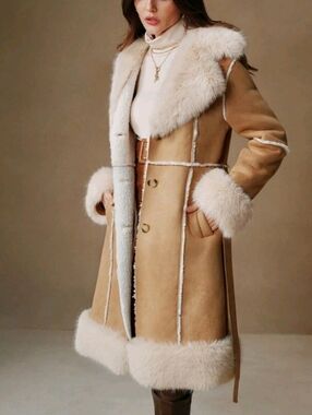 Tailored Tan Shearling-Trim Trench Coat